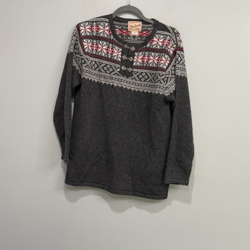 vtg Woolrich Womens Gray Fair Isle Snowflake Knit Sweater Metal Clasp Size M